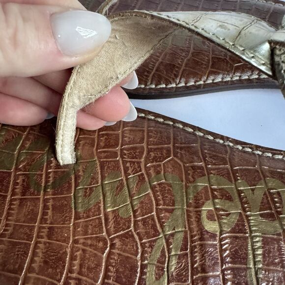 Sam Edelman Gigi Gold Sandals Size 9.5 Thong Slingback Flat Faux Crocodile - Picture 9 of 10